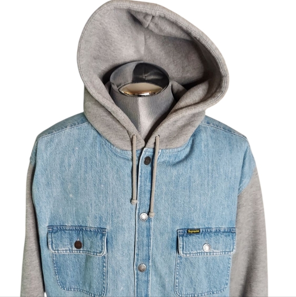 Supreme FW22 | Denim | Button Up | Quilted Fleece | 90s Style Gray Hooded Jacket - Picture 6 of 16